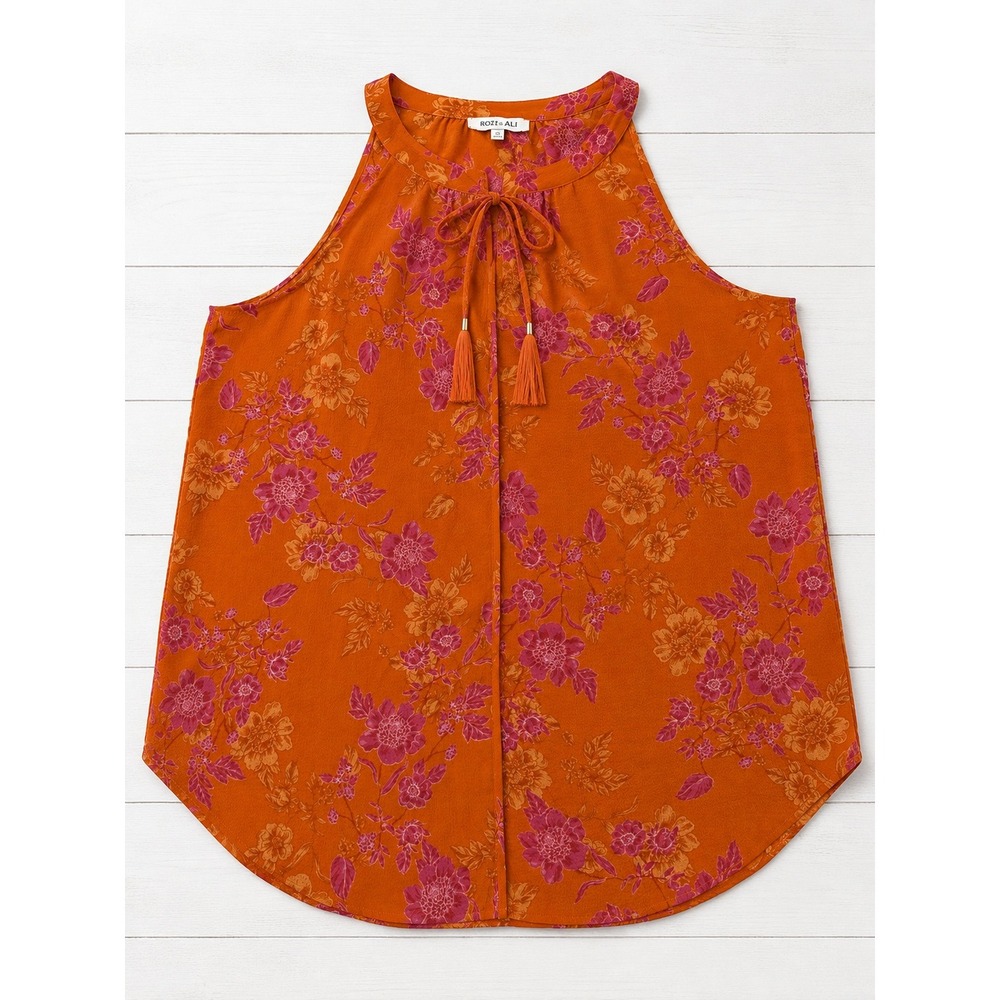 Rose + Olive Tank Top Orange Pink Floral Halter Neck Tassel Tie Boho Summer L
